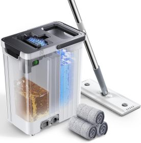 Mop and Bucket Set | Auto-Spray Cleaning | Dirty Water Separation Keep Water Fresh | Flat Mop & Bucket with Scraper | 3X Washable Pads | Mops for Floo