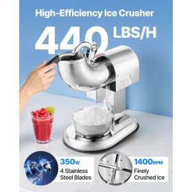 Ice Crusher Machine, 440lbs Per Hour Electric 4 Blades Snow Cone Maker, All Stainless Steel Shaved Ice Machine with Bowl and Cover