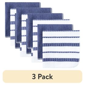 (3 pack) Cotton Waffle Dishcloth, Blue & White Striped, 4 Piece, 12 in x 12 in (Color: Blue)